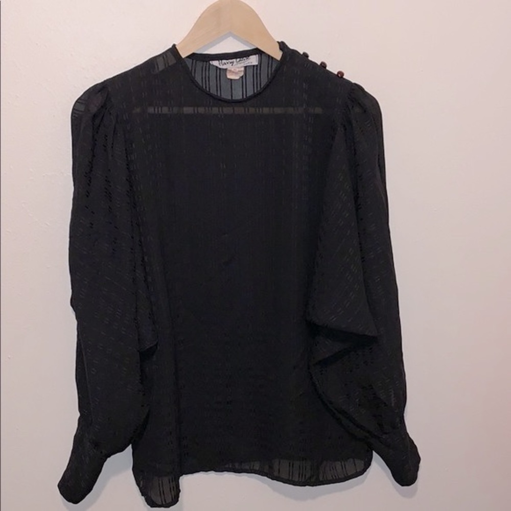 Vintage 70s Sheer Long Sleeve Blouse Black Grid Gauntlet Cuff Small